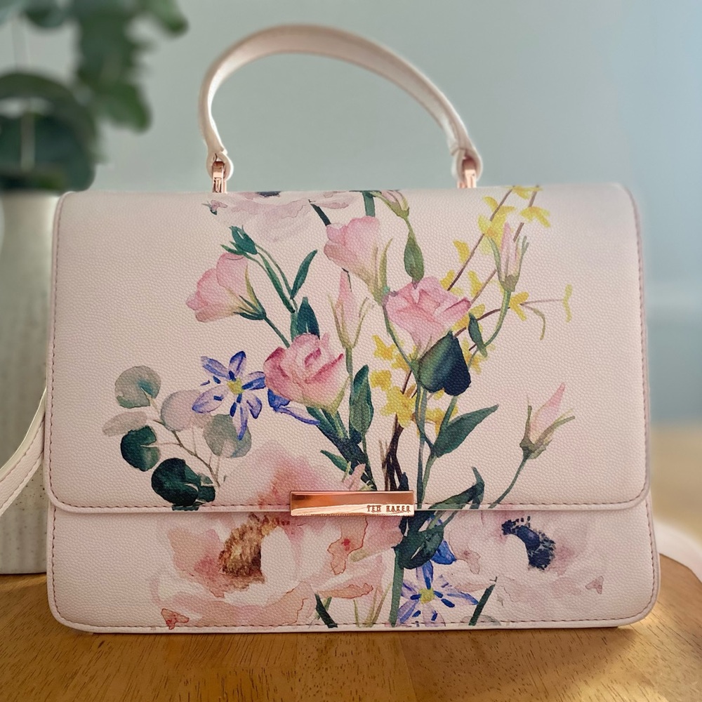 Ted Baker Pink Floral Purse- top handle and shoulder strap.